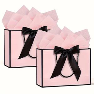 TEMU 2개 대형 우아한 핑크 선물백 + 블랙 리본 - 생일, 결혼식, 크리스마스, 발렌타인데이, 신부 들러리 파티용 럭셔리 토트백 - 튼튼한 손잡이가 있는 내구성 있는 종이 쇼핑백, 선물 포장용품, 선물용 선물백, 웨딩 파티용