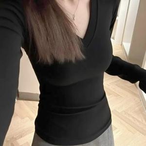 TEMU V넥 긴팔 티셔츠 여성용, 봄/가을 타이트핏 안감 셔츠, 슬림 탑