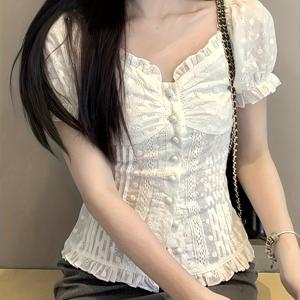 TEMU 여성 레이스 퍼프소매 블라우스 반팔 펀칭 아일렛 스퀘어넥 셔링 슬림핏 날씬해보이는 러블리 데이트룩 하객룩 꾸안꾸 여름 시원한 프릴 빈티지 상의 공주풍 체형커버