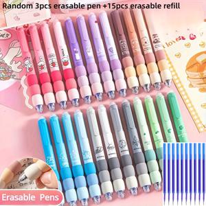 TEMU 지우개형 젤펜 18개 세트, 귀여운 만화 캐릭터 0.5mm 블루잉크 젤펜 (랜덤 펜 3개 + 리필 15개), 수납식 소프트 그립 펜, 카와이 문구류, 사무실, 학교, 선물용으로 적합