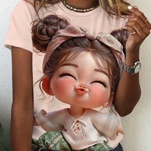 TEMU [프린트 디자인 - 텍스처 없음] 여성용 매우 귀여운 인형 얼굴 라운드넥 반팔 티셔츠 - 핏, 젊고 생생한 상의, 귀여운 이중 번 돌 인형 유화가 특징이며, 다용도이며 나이를 줄여주는 데 적합하며 일상복으로 착용하기 좋습니다.