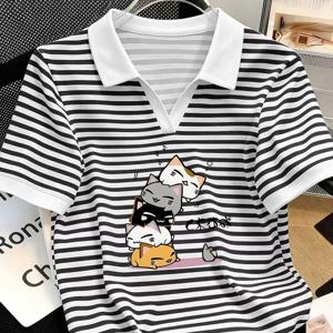 TEMU 여성용 뉴 서머 브이넥 라펠 셔츠, 레귤러 숄더 클래식 디자인 반팔 상의, 귀여운 스택드 고양이 프린트, 재미있는 패턴 캐주얼 데일리 출퇴근용 다용도 상의