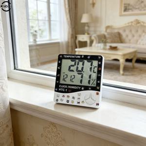 TEMU HTC-1 온도 습도계 시계 대형 스크린 디지털 디스플레이 시간 온도 습도 멀티 디스플레이 사무실 가정 용품 디지털 온도 습도계 시계 포함 실내 온도 및 습도 모니터 랜덤 작은 코 귀여운 스티커 D