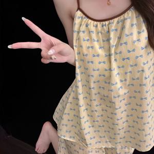 TEMU 패딩 컵이 있는 옐로우 보우 프린트 캐미솔 파자마, 여름 캐주얼 반바지 울트라 소프트 라운지웨어 세트