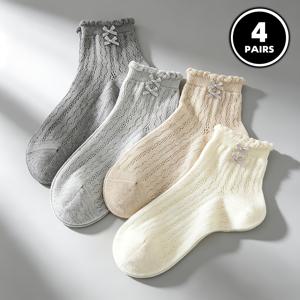 TEMU 여성용 통기성 레이스 메쉬 발목 양말 4켤레, 리본 장식 및 러플 트림 포함 - 운ngày 화신발용 경량 할로우 아웃 크루 삭스, 사무실, 캐주얼 복장용 여름 얇은 양말 (화이트/베이지/그레이)