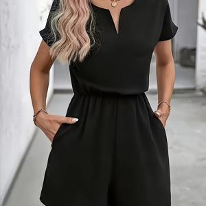TEMU 여성용 우아한 노치 칼라 블랙 점프수트, 뒷슬릿과 버튼 포켓 디자인