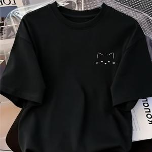 TEMU 일본 가슴 작은 로고 고양이 간편한 라인 드로잉 티셔츠 남녀공용, 피부 친화적 통기성 니트 반팔, 루즈 슬리밍 기본 버전, 간편한 기본 다용도 스타일