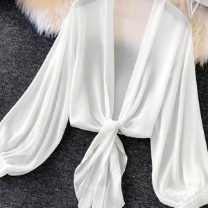 TEMU 프렌치 V넥 랜턴 소매 쉬폰 가디건 여성용 타이 허리 숏 자외선 차단 셔츠, 젠틀 스타일 아우터 셔츠
