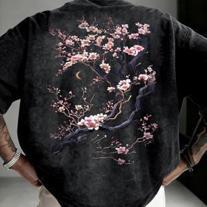 TEMU 남성용 빈티지 디스트레스드 워싱 티셔츠 - 일본풍 캐주얼 시크 디스트레스드 탑, 눈길을 끄는 등 전체 벚꽃 가지와 초승달 일러스트 프린트. 편안한 실루엣의 깔끔하고 스타일리시한 핏, 스트리트웨어 및 데일리 캐주얼웨어에 적합