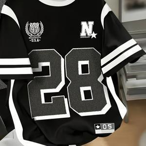 TEMU 남성용 아메리칸 빈티지 넘버 28 저지 티셔츠 - 레트로 풀바디 넘버 프린트 반팔 티, 루즈핏 라운드넥 캐주얼 웨어, 일상복, 세탁기 사용 가능한 빈티지 스타일 봄 여름 가을용