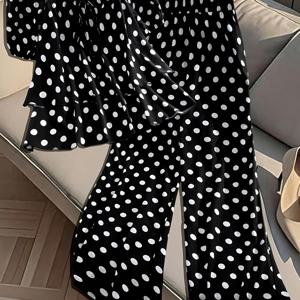 TEMU 플러스 사이즈 빈티지 폴카 도트 프렌치 스타일 카라 러플 버블 소매 셔츠 + 신축성 허리밴드 루즈핏 바지 2피스 세트, 로맨틱 스위트 데이트 클래식, 새로운 봄/여름 캐주얼 휴가 출퇴근용 폴카 도트 세트, 폴카 도트 셔츠와 바지 세트, 폴카 도트 바지 2피스 세트