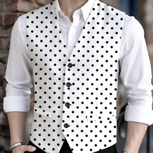 TEMU 표준 사이즈 남성용 프린팅 수트 조끼, 디지털 프린트 활용도 높은 레귤러 핏 정장 웨이스트코트, 흑백 폴카 도트 패턴, 심플 스타일, 새로운 패셔너블 캐주얼 버튼업 민소매 남성 조끼, 단품, 비즈니스 시크