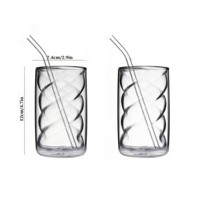 TEMU 2개 더블 벽 단열 머그, 빨대 포함 유리컵, 고 붕규산 유리 재질, 냉온 저항, 재사용 가능한 유리컵, 칵테일 글라스, 주스 컵, 차가운 음료 컵