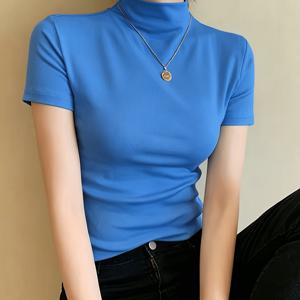 TEMU 새로운 여름 여성용 반팔 티셔츠 베이스 레이어 탑, 세미 하이넥, 슬림핏, 몸매 비침, 안감용 또는 아우터용 상의