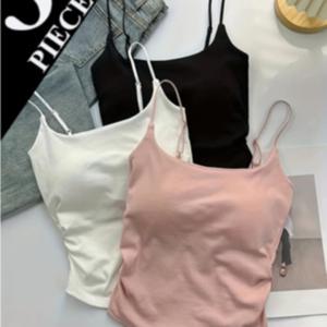 TEMU 3pcs 세트, 여성용 Pure Desire 다용도 멜빵 조끼, 니치 디자인, 플리츠, 슬림핏, 베이스 레이어, 외출복으로 착용 가능, 가슴 패드 및 고정 컵 포함, 탑
