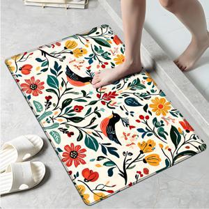 TEMU 미끄럼 방지, 세탁 가능, 부드러운 플란넬 주방 러그 1/2/3개 세트. 욕실 및 세탁실에 적합 - 미끄럼 방지 뒷면이 있는 두꺼운 쿠션 매트, 꽃과 새 패턴, 세탁기 사용 가능, 거실 및 현관에 이상적