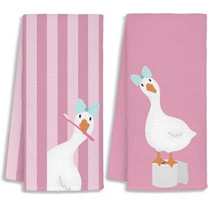 TEMU 2개입 귀여운 거위 여성용 욕실 타월 | 컨트리 스타일 핑크 농장 동물 장식 타월, 방 꾸미기에 완벽, 재사용 가능한 만화 테마, 세탁기 사용 가능, 행주, 식기 건조에 적합. 휴일 및 시즌 사용에 이상적