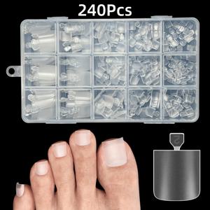TEMU 240개/박스 살롱 및 DIY 누름식 발톱 팁용 - 사전 에칭 처리된 투명 더블 무광 젤 팁이 있는 짧은 스퀘어 풀커버 인조 손톱, 아크릴 페디큐어용 사전 제작된 짧은 길이 연장용, 즉석 롱토즈 클로 용도 15가지 사이즈