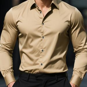 TEMU 남성용 우아한 카키 셔츠 - 슬림핏, 골드 엣지 버튼, 긴소매, 버튼 칼라, 비즈니스 및 공식 행사에 적합, 정장 | 버튼 칼라 셔츠 | 슬림핏 셔츠 2617