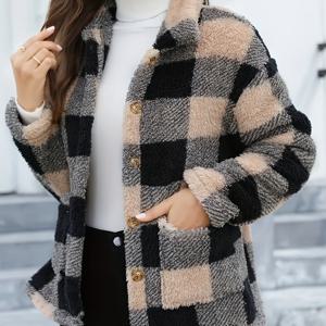 TEMU 여성용 포근한 플리스 재킷 - 부드러운 체크무늬 코트, 버튼 앞면 클로저, 긴소매 가을 & 겨울용 겨울 아우터, & 브라운 타르탄 패턴