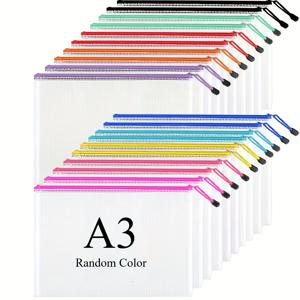 TEMU A3/A4/A5 격자무늬 지퍼 파일 가방 20개 팩, 지퍼 로프 손잡이가 있는 랜덤 색상 메쉬 파우치, 사무용품용 멀티 사이즈 문서 정리함, 미술 및 공예품 보관함