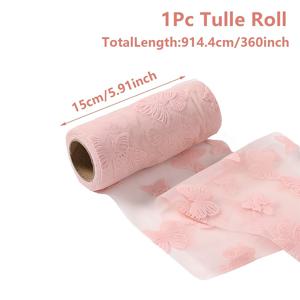 TEMU 1개, 핑크 플록킹 나비 튤 원단 롤, 5.91 X 360인치, 나비 테마 파티 쉬어 원단 배경 커튼, 웨딩 신부 파티 의자 새시 장식, 생일 파티 테이블 깃발, 베이비 샤워 파티 선물 리본