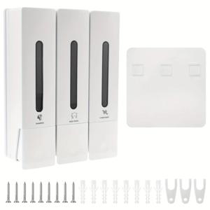 TEMU 벽걸이형 비누 디스펜서 (3구), 13.53Oz 용량, PVC 프리 소재 사용. 쉬운 리필 가능, 투명한 시야 제공. 샴푸, 컨디셔너, 샤워 젤에 적합. 블랙 & 화이트 색상.