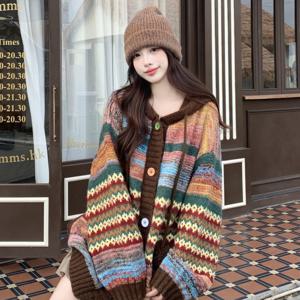TEMU 여름과 겨울을 위한 새로운 빈티지 페어 아일스 자카드 스웨터 가디건. 부드럽고 편안한 스타일의 넉넉하고 두꺼운 디자인으로 여성 의류를 특징으로 합니다.