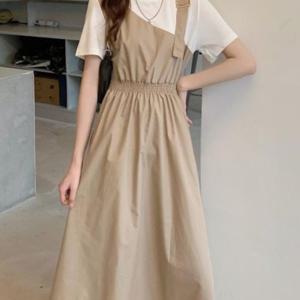 TEMU 여성 레이어드 원피스 뷔스티에 롱원피스 배색 반팔 허리밴딩 A라인 플레어 미디원피스 체형커버 날씬해보이는 꾸안꾸 데일리 데이트룩 캐주얼 여름