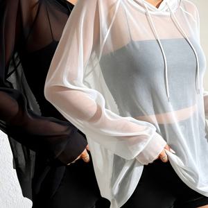 TEMU 여성용 캐주얼 세미 시스루 블랙 + 화이트 메쉬 드로스트링 후드 루즈핏 상의, 후드 스웨트셔츠, 캐주얼하고 편안함, 통기성 좋음, 부드러운 소재, 활용도 높은 필수 아이템, 올매치, 봄/여름/가을 패션 스타일, 캐주얼 외출/데일리웨어에 적합, 패셔너블한 아이템