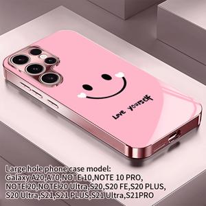 TEMU 핑크 즐거운 얼굴 텍스트 배경화면 2D 패턴 휴대폰 케이스, 핑크 전기도금 유리, 고품질 질감. 삼성 S26, S25, S24, S23, S22, S21, S20, Note 20, Note 10, A55, A54, A53, A52, A36, A35, A34, A33, A23, A15, A14, A13, A05s, A05 호환 유리 휴대폰 케이스