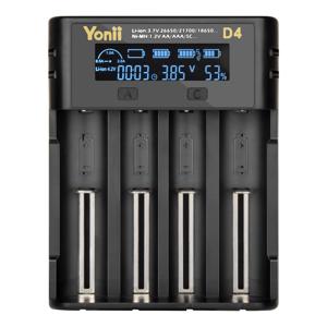 TEMU 4구 조절식 전류 LCD 고속 배터리 충전기, Type-C 5V 2A 입력, 0.5A, 1A, 2A 선택 가능, 3.6/3.7V Li-ion 전지 18650, 21700, 26650, 1.2V AA, AAA, SC, -MH Ni-Cd 호환, 실시간 전압 용량 디스플레이, 배터리 미포함