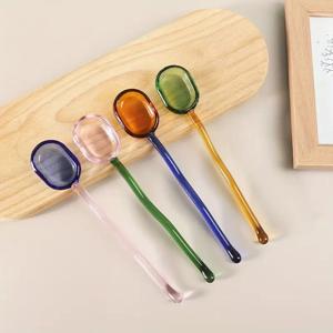 TEMU 컬러 블록 유리 디저트 스푼 4개 세트(6.3인치) - 젓가락 스푼, 요거트, 푸딩, 케이크, , 파르페, 커피, 차, 밀크셰이크용 곡선형 예술적 디자인 - 생동감 넘치는 색상, 내구성 있는 주방 도구, 선물 세트
