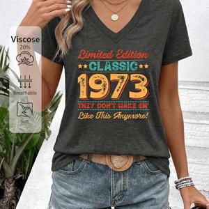 TEMU 여성 여름 V넥 반팔 티셔츠, 클래식 1973 빈티지 에디션 디스트레스드 숫자 프린트 부드러운 피부 친화적 원단 생일 기념 스타일 캐주얼 출퇴근 상의 1608X