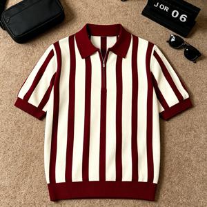 TEMU 남성용 캐주얼 다용도 세로 니트 폴로 셔츠, 하프 지퍼 칼라 반팔, 슬림핏 캐주얼 상의