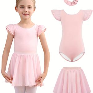 TEMU 3pcs 플러터 슬리브 발레 레오타드 여아용 발레 드레스 레오타드 (탈착식 스커트 및 매칭 헤어밴드 포함), 얀 원단, 해변 및 야외 활동에 적합, 4-12세, 해변 필수품, 봄 및 여름에 적합, 신학기 선물
