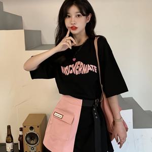 TEMU 여성 투피스 세트 반팔티 미니스커트 세트업 벨트 배색 레터링 A라인 루즈핏 체형커버 힙한 트윈룩 시밀러룩 데이트룩 캐주얼 여름