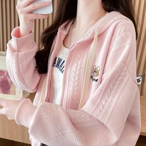 TEMU 새로운 후드 드로스트링 지퍼 곰돌이 만화 자수 텍스처 스웨트셔츠 여성용 9769