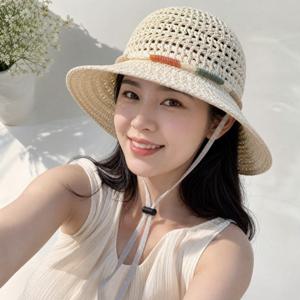 TEMU 직구직판 여성 시원한 여름모자 라탄 배색 끈 버킷햇 와이드챙 해변 비치 여행용 사파리모자