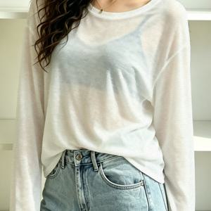 시스루 커버업 여성용 여름 경량 루즈핏 긴팔 티셔츠, 살짝 비침 있는 활용도 높은 에어컨 상의