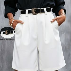 TEMU 올 시즌 여성 솔리드 우아한 캐주얼 (벨트 없음) 디자인 포켓 반바지, 데일리 출퇴근에 적합, 다용도 여성 반바지 []
