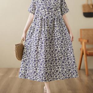 TEMU 신상 봄/여름 레트로 프린트 라운드넥 반팔 린넨 원피스 여성용 루즈핏 스티칭 A라인 스커트