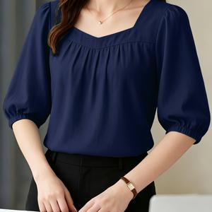 TEMU 여성용 우아한 패션 스퀘어넥 3/4 소매 블라우스 루즈핏 야외 캐주얼 탑