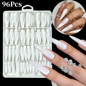 TEMU 96pcs 96pcs Box 96pcs Suitable for Women & Super Long Almond Press-On Nails with Cat - Fake Nails, (Bla/White/Pink/Blue/Purple/Red) for Daily Wear, Christmas, Valentine' Day & Special Occasions