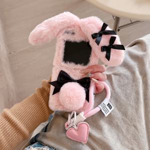 TEMU 폰 케이스: 귀여운 리본 토끼 플러시 접이식 폰 케이스 (손목 스트랩 포함), 갤럭시 Z 플립 6/5/4/3 호환