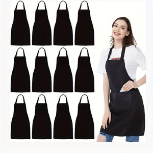 TEMU 10개 블랙 주방 앞치마 (포켓 포함) - 내구성 폴리에스터, 요리 및 그릴링에 이상적, 세탁기 사용 가능 - 레스토랑 및 커플용 완벽, 바베큐 앞치마, 레스토랑 의류, 스타일리시 주방복, 기능성 앞치마, 오래가는 앞치마, 내구성 있는 원단, 다용도 앞치마