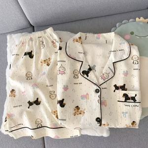 TEMU 여성용 여름 파자마 세트, 반팔 셔츠와 반바지, 도트 프린트, 우아한 카툰 강아지 디자인, 달콤하고 귀여운, 홈웨어로 착용하기 적합