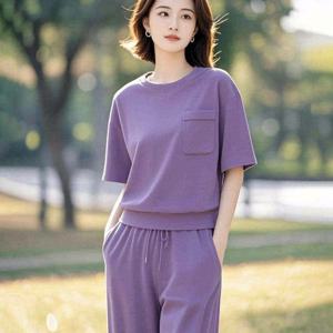 TEMU 2026 신상 여성용 2피스 라운지웨어 세트 타로 퍼플 루즈핏 편안한 캐주얼 반팔 라운드넥 긴바지 봄 데일리웨어