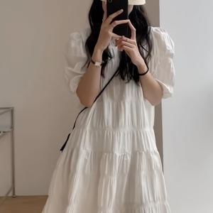 TEMU 여성 캉캉 미니 원피스 퍼프소매 셔링 플리츠 루즈핏 체형커버 화이트 데이트룩 바캉스룩 꾸안꾸 러블리 페미닌 여름 숏원피스 하이웨스트