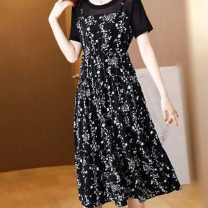 TEMU 여성 여름 투피스 반팔 플라워 원피스 미디 패션 통근 패치워크 패션 데일리 나시 잔꽃 스커트 긴 치마 슬림소녀